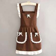 2pcs Set Cute Japanese Style Maid Apron, Coffee Color + Black Color, Bib & Waist Tie, For Kitchen, Restaurant Work - Coffee Brown - View 8