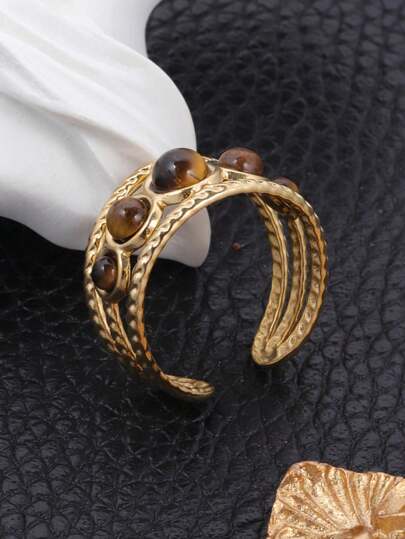 SophiaXuan 1pc Fashionable And Vintage French Style Gold Stainless Steel Ring With Asymmetrical Hollow Out Design, Three Layers And Open End, Suitable For Daily Wear For Women