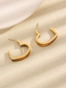 1 Pair Minimalist Heart Shaped Earrings, Titanium Steel Smooth Surface Double Design Earrings, Fashionable Elegant Earrings, Luxury Niche Earrings - Multi-layered Heart Earrings - View 1