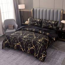 1pc Polyester Fiber Gold Stamping Black Marble Pattern Single Quilt Cover, Suitable For All Seasons In The Bedroom - Black - View 1
