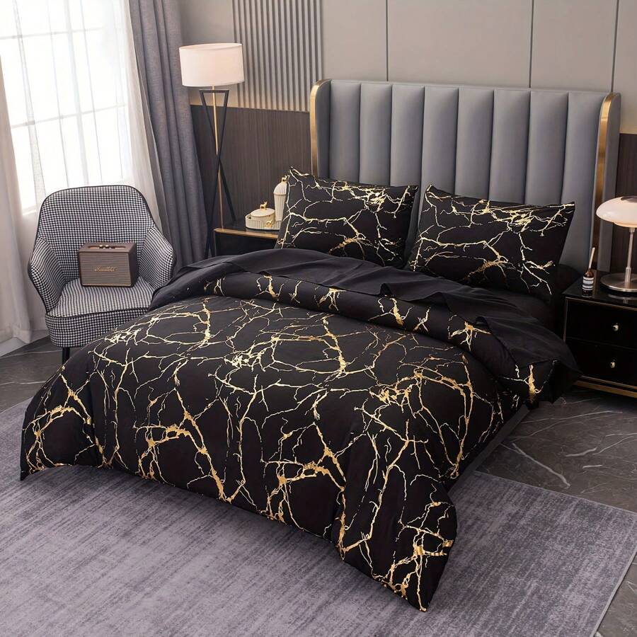 1pc Polyester Fiber Gold Stamping Black Marble Pattern Single Quilt Cover, Suitable For All Seasons In The Bedroom - Black - View 1