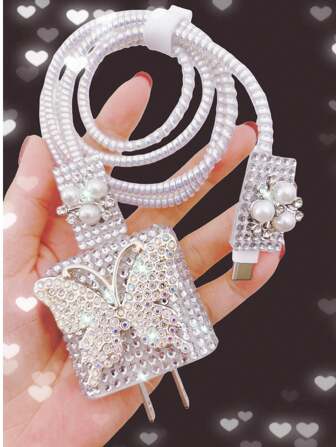 Rhinestone Butterfly Data Cable Protection Head Charger Protection Cover Super Flash Rhinestone Compatible With IPhone Compatible With Samsung Compatible With Huawei Compatible With Xiaomi Compatible With OPPO Fast Charging Head Protection Cover Car Data Cable Protection Head Cable Protector, Charger Protector