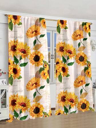 1套2件太陽花鄉村風格的木質花紋窗簾，農舍穀倉木質主題的臥室客廳窗簾，掛袋式窗簾客廳家具裝飾。