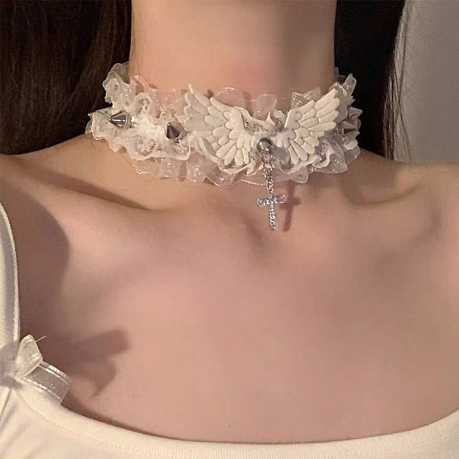 1件性感黑白蕾丝洛丽塔领口哥特水晶十字架吊坠天使翅膀铆钉颈链，适合女性朋克派对穿着 - 翅膀 - 查看 1