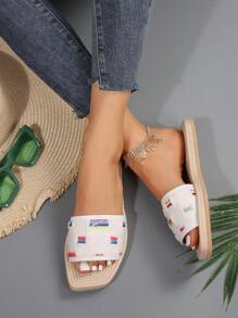 Ladies" White Canvas Color Block Foam Sole Comfortable Flat Sandals With Holiday Style