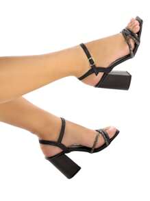 Sandália Feminina Strass Salto Grosso Alto Tiras Perfeita