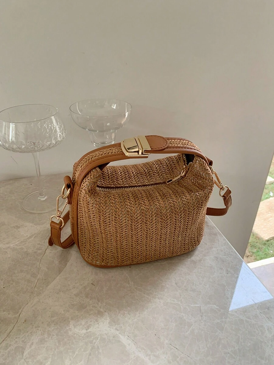 Bolso pequeño de paja tejido de verano para mujeres, bolso de mano de vacaciones con correa para el hombro y bandolera de moda - Marrón - Ver 1