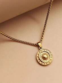 1pc Stainless Steel Minimalist Crescent Moon, Stars And Sun Shaped Pendant Necklace - Yellow Gold - View 3