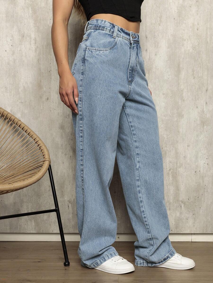 Calça Pantalona Jeans Wide Leg Feminina Cintura Alta Tecido Grosso Elegante Confortável Vintage 100% Jeans Algodão