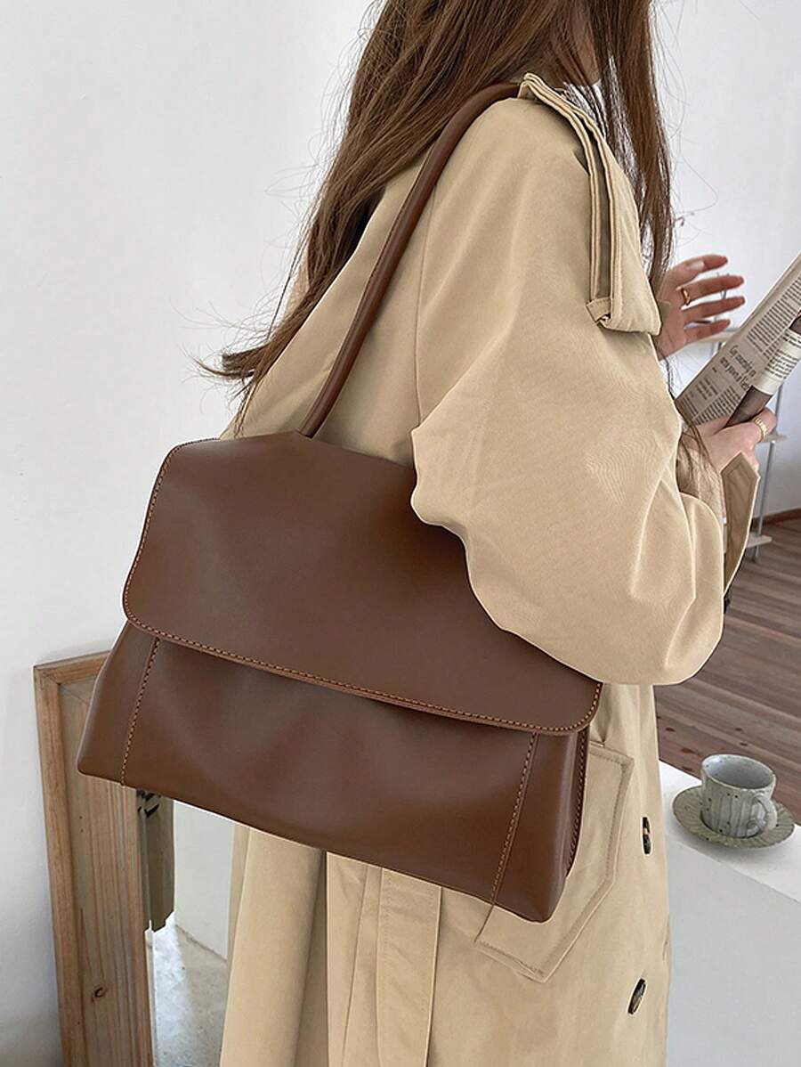 2024春夏新款复古大容量公文包，女士独特设计单肩斜挎包，时尚商务休闲手提包，完美适用于办公室、商务和工作场合 - 棕色 - 查看 1