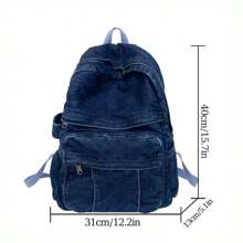 Mochila De Mezclilla Retro De Gran Capacidad Para Mujer, Todo Equipado Para El Campus, Regalos De Festivales, Color Sólido, Estilo Sencillo - Azul Marino - Ver 5