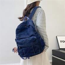 Mochila De Mezclilla Retro De Gran Capacidad Para Mujer, Todo Equipado Para El Campus, Regalos De Festivales, Color Sólido, Estilo Sencillo - Azul Marino - Ver 2