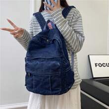 Mochila De Mezclilla Retro De Gran Capacidad Para Mujer, Todo Equipado Para El Campus, Regalos De Festivales, Color Sólido, Estilo Sencillo - Azul Marino - Ver 7