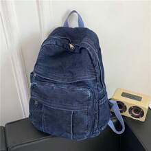 Mochila De Mezclilla Retro De Gran Capacidad Para Mujer, Todo Equipado Para El Campus, Regalos De Festivales, Color Sólido, Estilo Sencillo - Azul Marino - Ver 3