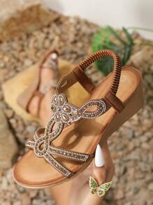 2024 New Bohemian Style Fashion Rhinestone Sandals With Korean Thick Platform Wedge Heel For Women - Bronze - View 2