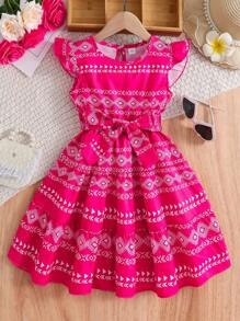 少女休闲几何图案荷叶袖假日连衣裙