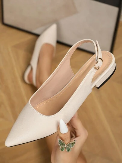 優雅純色女士低跟鞋，帶踝帶、輕盈尖頭，類別：女士低跟鞋