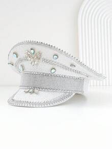1頂中性銀色鑲鑽珍珠派對帽，手工製作，大寶石和鉚釘，獨特的設計，適用於單身派對，成人女性閃閃發光的生日帽，Cosplay道具，珠寶和水晶，銀色魅力，繁星般的船長帽，前衛性感風格，適用於婚禮，爵士表演，舞台表演，假日派對 - 白色 - 查看 10