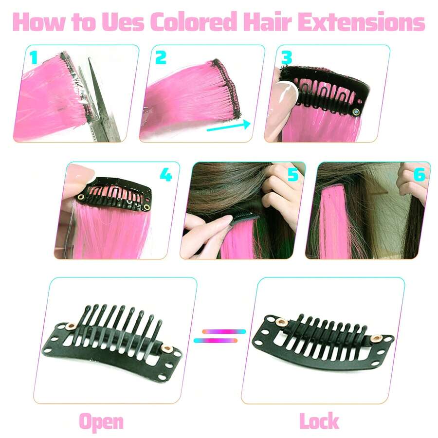 5pcs Colored ClipOn Hair Extensions, Streaks/Tips, Vibrant Synthetic