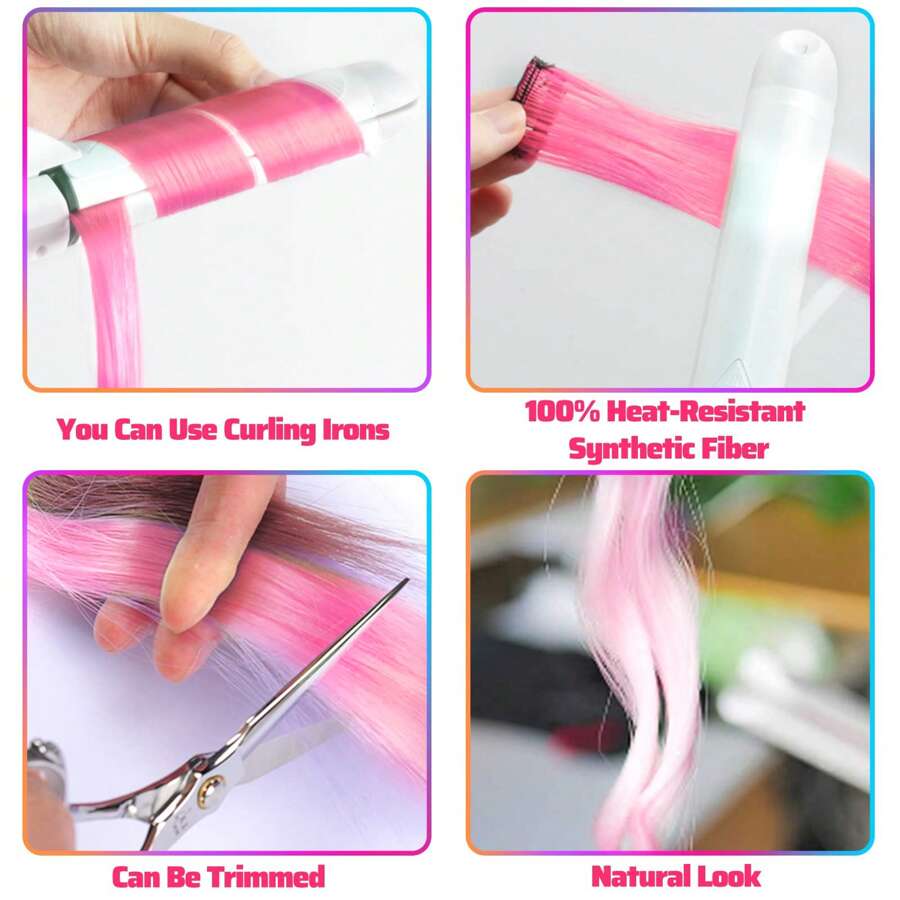 5pcs Colored ClipOn Hair Extensions, Streaks/Tips, Vibrant Synthetic