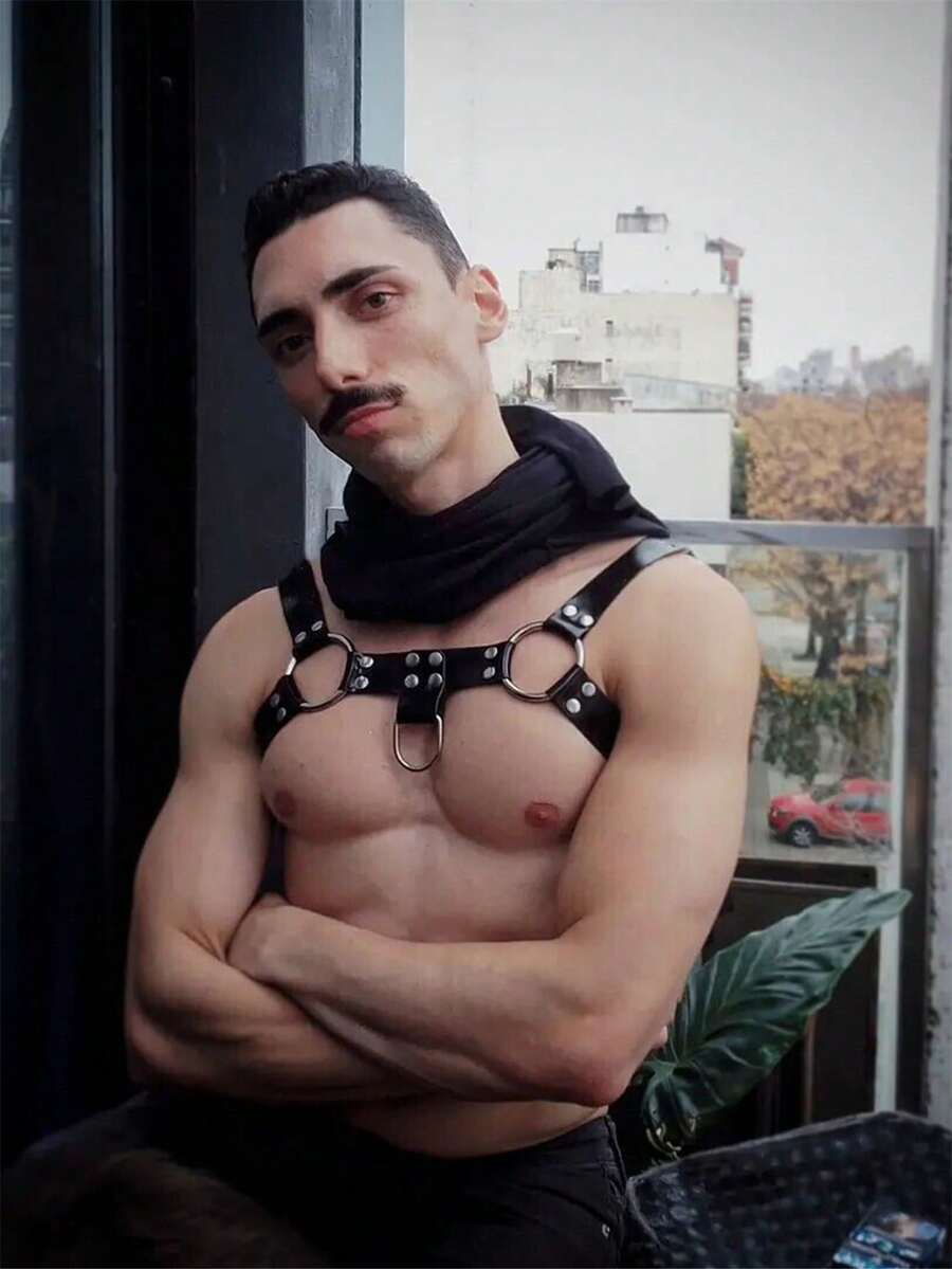男性手鐲服裝身體胸部懸挂扣朋克PU皮革帶 - 黑色 - 查看 1