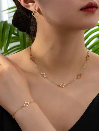 1set Geometric Hollow Out Flower Chain Necklace, Hollow Out Flower Chain Bracelet, Hollow Out Flower Drop Earrings For Women, Vintage And Elegant Style Valentines,Mom,Mother,Mother's Day,Gift