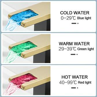 1 st LED-badrumsblandare, vattenfallspip med 3 färger, svart och guld, ett handtag, kall- och varmvattenpip, lämplig för badrum, husbilsbadrum