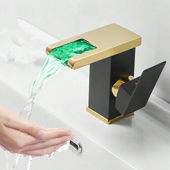 1 st LED-badrumsblandare, vattenfallspip med 3 färger, svart och guld, ett handtag, kall- och varmvattenpip, lämplig för badrum, husbilsbadrum