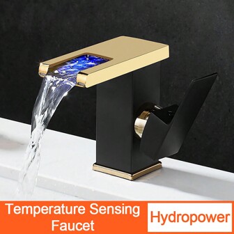 1pc LED Bathroom Sink Faucet With 3 Colors Changing Waterfall Spout, Black & Gold Bathroom Sink Faucet Single Handle With Hot And Cold Water Waterfall Changing Spout Vanity RV Bathroom Faucet