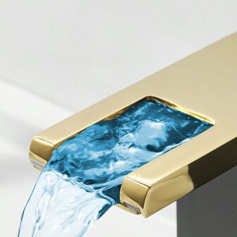 Grifo para lavabo de baño LED de 1 pieza con caño de cascada y cambio de 3 colores, acabado de negro y dorado, grifo de un solo mango para lavabo de baño con agua caliente y fría, caño de cascada para cambio de estilo del grifo para baño RV