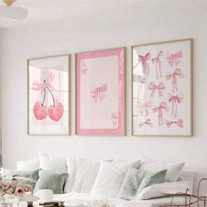 3pcs Set, Abstract Pink Wall Art, Cherry Playing Card Bow Poster Wall Art, Modern Fashion Art Home Decor, Living Room Painting, Bedroom Decoration Painting, 50*70cm (19.7*27.5in) Unframed,Canvas Gifts Birthday Graduation