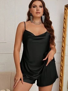 大碼2件組絲質背心褲睡衣套裝，夏季輕盈透氣 - 黑色 - 查看 1