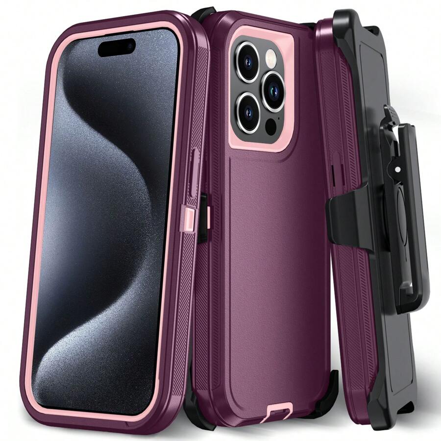 FOGEEK Iphone 16 手机壳兼容 iPhone 带皮带夹（多层保护）[防震] [防摔] [防滑]，三防重型支架保护壳（4 合 1） - 酒紅 - 查看 1