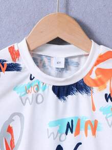 Young Boy Letter Print Short Sleeve T-Shirt And Denim Shorts Set, Summer