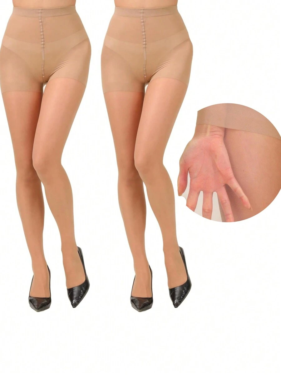 2 Pairs Women's Pantyhose With Control Top 20D Invisible Reinforced Toes - Apricot - View 1