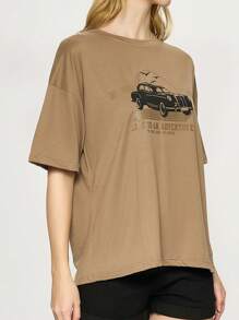 Camiseta holgada con estampado de cuello redondo y hombros caídos para mujer versátil - Marrón - Ver 4
