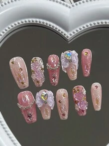 10pcs Handmade Coffin Shaped False Nails With Pink And Purple Shimmery Butterflies, Pink Rhinestones, And Chain Decoration For Ballet Style Nails. Comes With 1pc Jelly Glue, 1pc Nail File And 1pc Cuticle Stick. This Full Coverage Nail Kit Can Be Used For Any Seasons, Parties, Dances, Suitable For Women, Girls, Students, Parties, Office Workers; Can Be Repeatedly Used By Press-On Wearing And Comes With 1pc Jelly Glue And 1pc Nail File. Nail Supplies Handmade Press On Nails - Multicolor - View 6