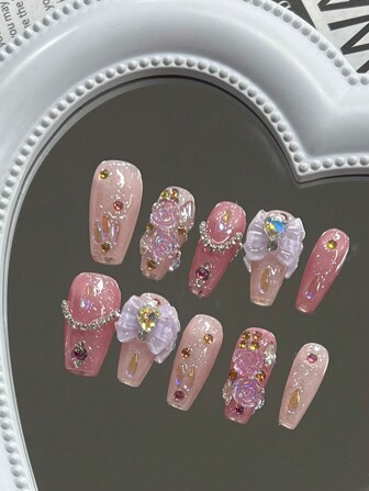 10pcs Handmade Coffin Shaped False Nails With Pink And Purple Shimmery Butterflies, Pink Rhinestones, And Chain Decoration For Ballet Style Nails. Comes With 1pc Jelly Glue, 1pc Nail File And 1pc Cuticle Stick. This Full Coverage Nail Kit Can Be Used For Any Seasons, Parties, Dances, Suitable For Women, Girls, Students, Parties, Office Workers; Can Be Repeatedly Used By Press-On Wearing And Comes With 1pc Jelly Glue And 1pc Nail File. Nail Supplies