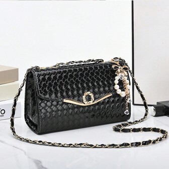 Borsa a tracolla da donna, borsa a tracolla quadrata piccola, borsa a catena di diamanti alla moda con finto perla decorata a pattina