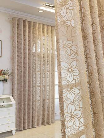 1pc Spring Sakura Pattern Plush Yarn Sheer Curtains, Translucent, Semi-Shade, Great For Bedroom, Living Room Decoration