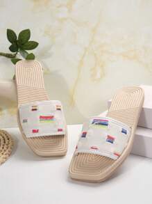 Ladies" White Canvas Color Block Foam Sole Comfortable Flat Sandals With Holiday Style