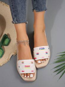 Ladies" White Canvas Color Block Foam Sole Comfortable Flat Sandals With Holiday Style