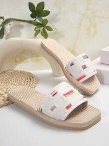 Ladies" White Canvas Color Block Foam Sole Comfortable Flat Sandals With Holiday Style