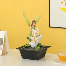 1入組USB供電桌面噴泉裝飾，帶LED燈飾的小型桌面噴泉裝飾，簡約時尚的瀑布噴泉，休閑桌面噴泉室內裝飾，辦公室和臥室裝飾，在花朵中栩栩如生的仙女形象，附贈水泵作為禮物 - 綠色 - 查看 3