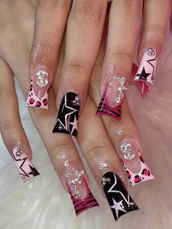 Y2K 24 件中号鸭嘴形假指甲，带绿牛和水钻图案，适合女性日常和派对佩戴按压式指甲美甲用品