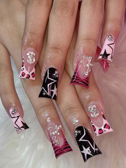 Y2K 24pcs Medium Duck Bill Shaped False Nails With Green Cow & Rhinestone Designs, Suitable For Daily & Party Wear For Women Press On Nails Nail Supplies