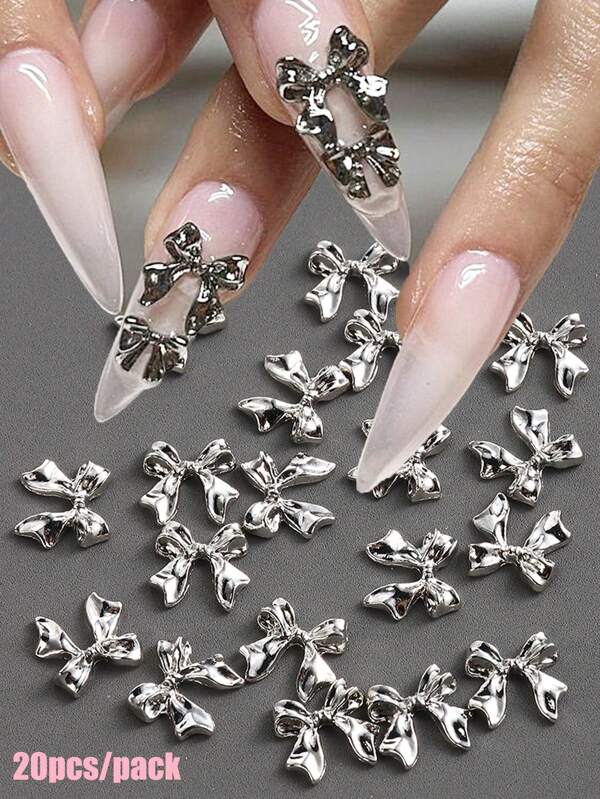 20Pcs/Pack Silver Metal Bows Nail Art Charm 3D Alloy Silver Bowknot Ribbon Nail Decor Parts Diy Luxury Manicure Accessories Nail Charms Nail Gems Nail Supplies Nails