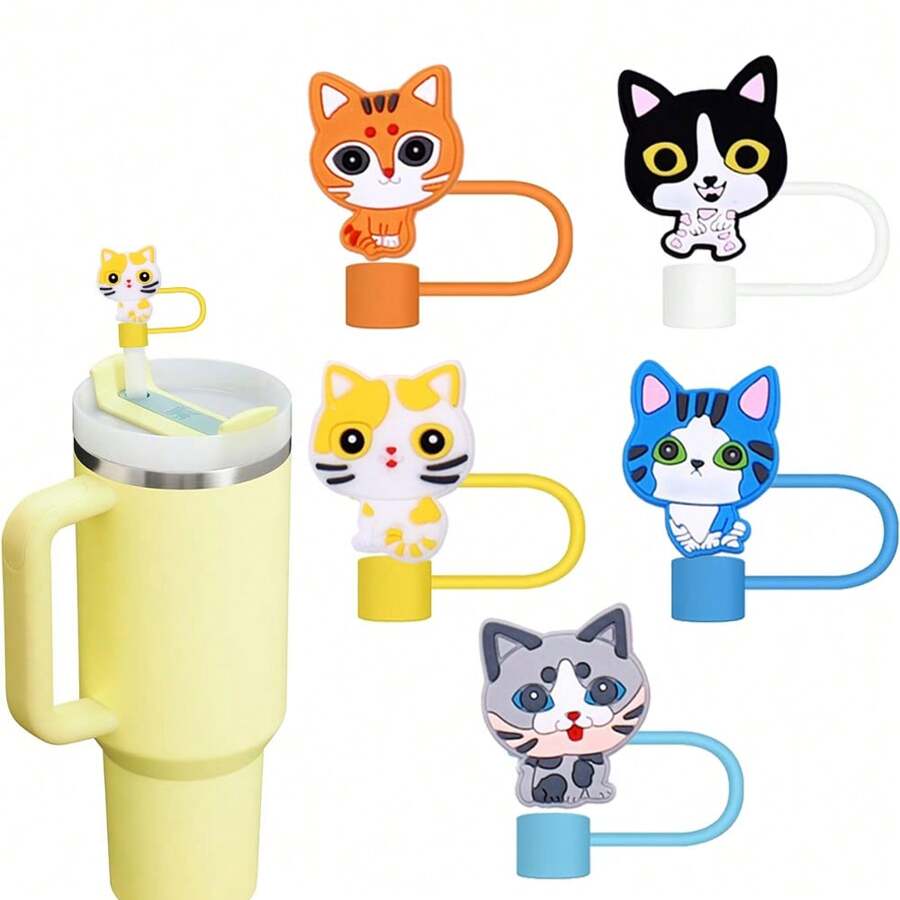 5pcs Cute Cat Style Straw Cover, Silicone Straw Covers Cap For Cup 30