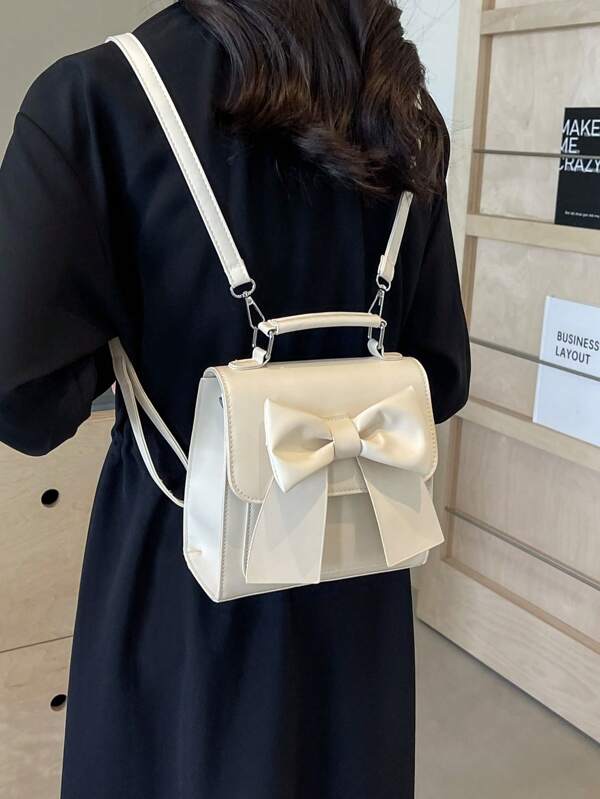 1pc Simple Bow Knot Decor Flip Backpack, Multifunctional Shoulder Bag Suitable For Women Daily Use, School Supplies, Large Capacity, Classic Casual, Lightweight, Suitable For Teen Girls Women College Students Middle School, High School, Outdoors, Travel, Outings, Holiday, Elementary School Valentines, Cute Bow Backpack