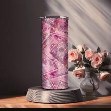 Vaso térmico aislado de acero inoxidable con patrón de dólar estadounidense y purpurina rosa de 20 oz con pajita, mantiene el agua fría | 1 pieza